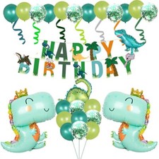 26PCS Happy Birthday Green Dinosaur Balloon Decoration Set with Swirls