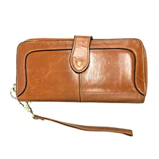 HESHE Womens Wallet Brown Leather  Wristlet Strap Zip Around Cards 8x4