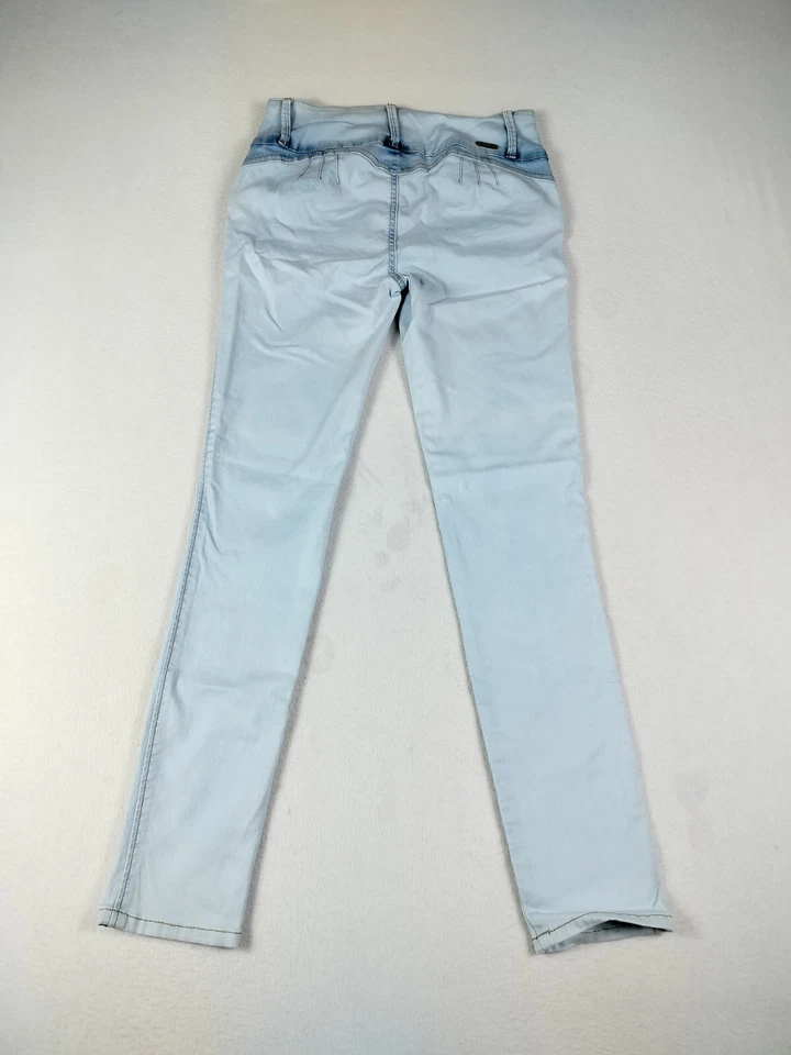 Pantalones de mezclilla plateados Diva para mujer 13 botones de corte diamante de tiro medio lavado claro azul Foto 2 de 4