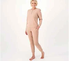 Splendid Waffle Mixed Puff Sleeve Top Jogger Lounge-Taupe Heather-Large-A516382