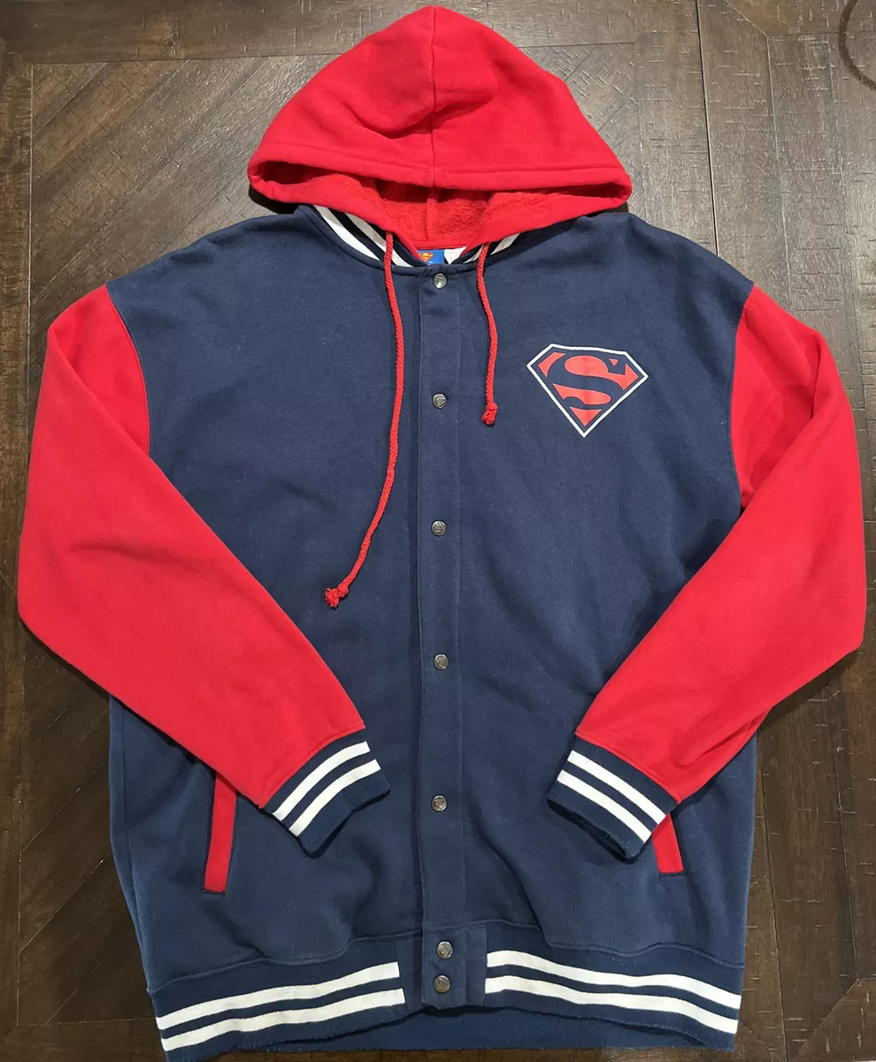 Superman DC Comics Men s Blue and Red Hoodie Varsity Sweater Letterman Jacket XL