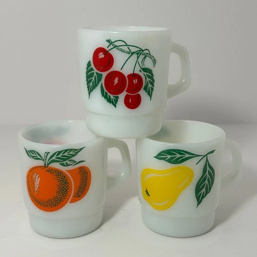 Vintage Termocrisa Milk Glass Stacking Mugs Set of 3 Fruit Orange Pear Cherry