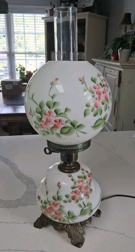 Vintage Hurricane Table Lamp Hand Painted Glass Cast Base Gone With The Wind