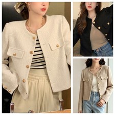 Women's Solid Color Tweed Jacket Regular Length Gold Buttons for Summer Outings