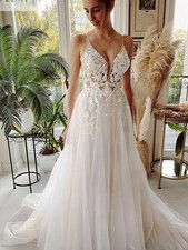 Sheer Illusion Beach Wedding Dresses Tulle Beads Bridal Party Gowns Court Train