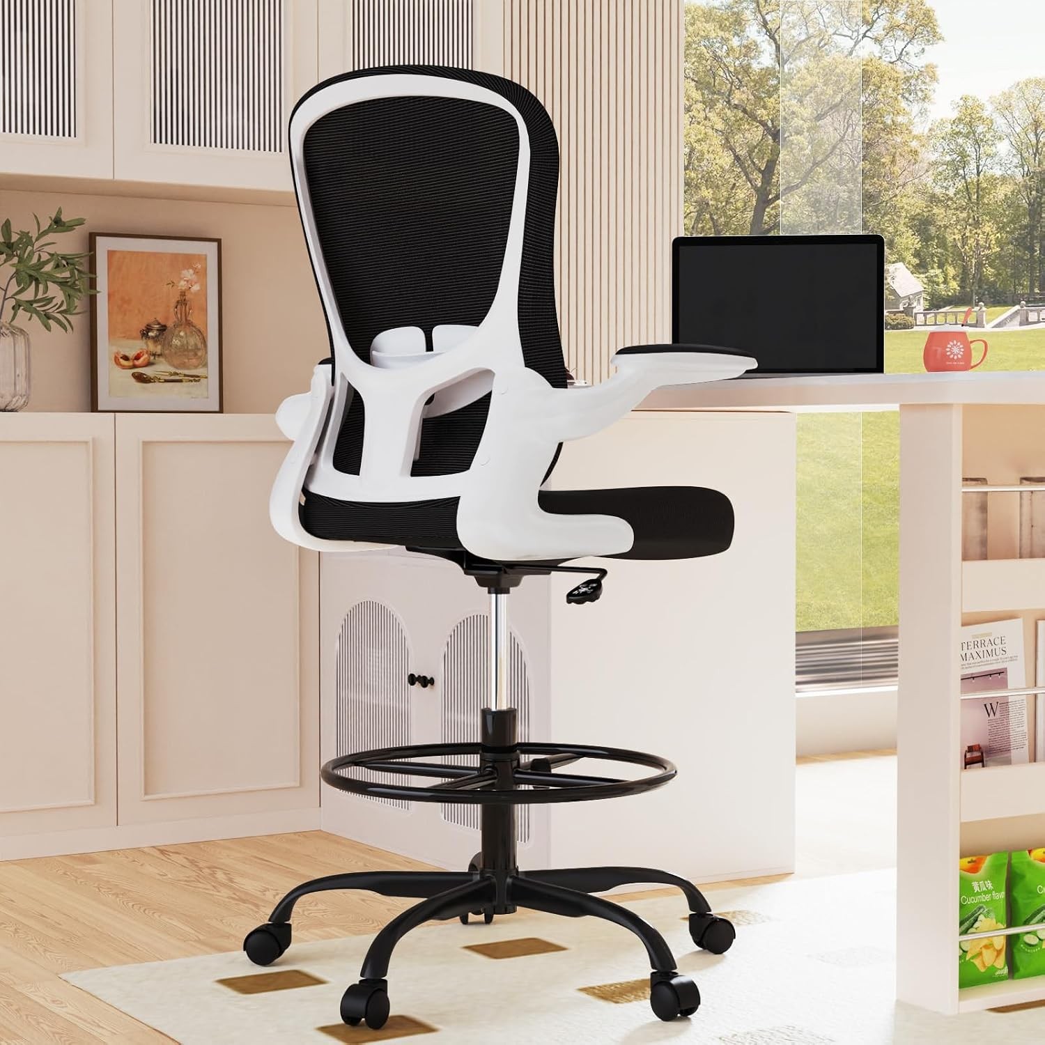 Drafting Chair Tall Ergonomic Office Chair Flip Up Arms Standing Desk Stool