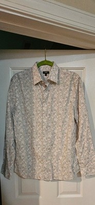 Express Slim 1MX Slim Fit M White Floral Long Sleeve Collared Dress Shirt