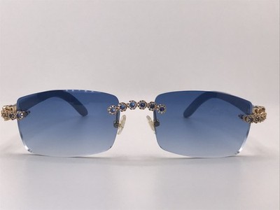 Iced Out Buffs: Custom Blue Wood & Diamond Rimless Sunglasses