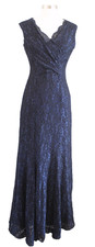 Tahari ASL Levine Navy Blue Black Metallic Lace Ruched Evening Party Dress Size