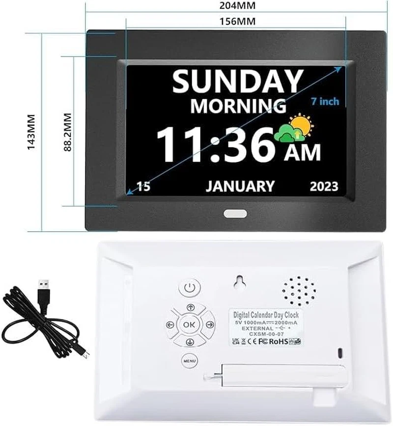 7-Inch Digital Clock with Day and Date, Large Font, Customizable Alarms, Black - Image 2 of 4