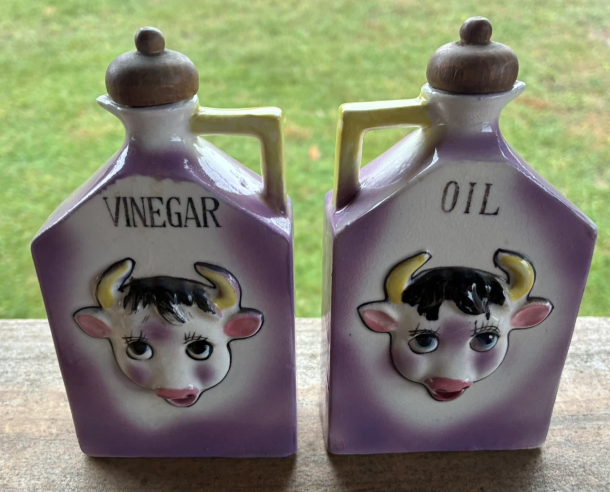 Vtg. Decorative Purple Cow Oil & Vinegar Set--Free Ship