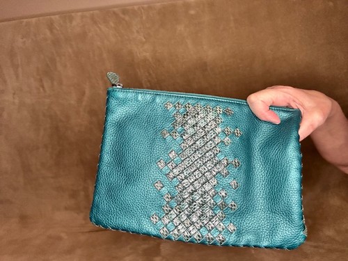 BOTTEGA VENETA Turquoise and Exotic Skin Intrecciato Leather Cutch Bag Authentic