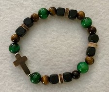 Mens Christian Tiger Eye, Lava Stone  Bone Bracelet w/TigerEye Cross 8.5  Length