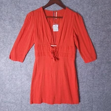 Free People Red Tie Front Mini Dress V-Neck Plunge Neck Short Casual S NWT
