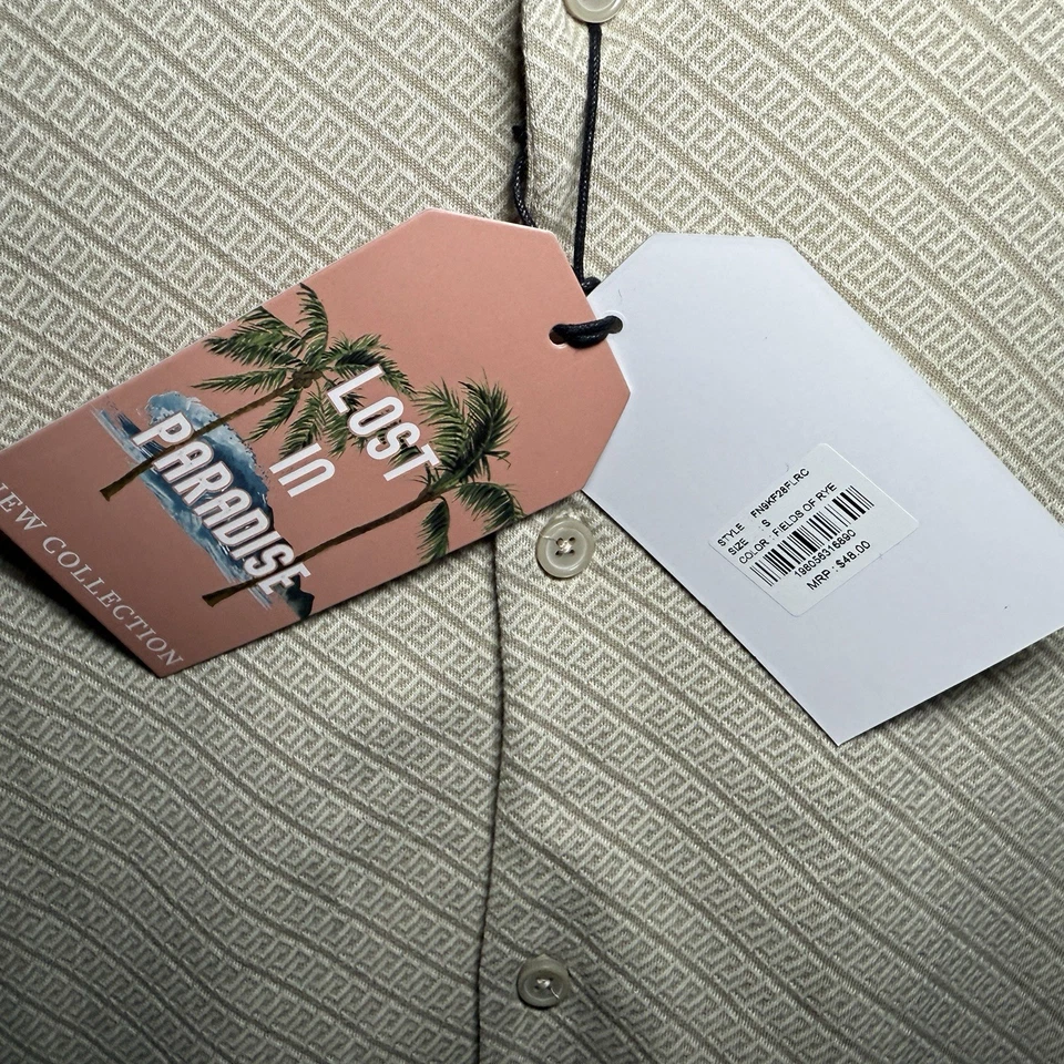 Free Planet Mens S Greek Key Resort Camp Shirt Short Sleeve Beige Tan Button Up - Image 4 of 4