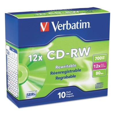 Verbatim 95156 700 MB/80 min CD-RW High-Speed Rewritable Disc - Slv (10/PK) New
