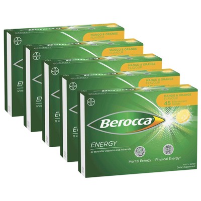 Berocca Energy Vitamin B & C 225 Tabletten Mango & Orange (45 × 5 Packungen)