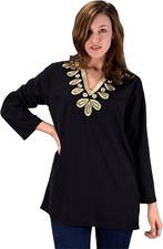 Womens Boho Embroidered Cover-up Swimwear Tunic Black Gold Small/Medium