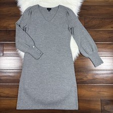 Talbots Women Size Small Gray Soft Merino Wool V Neck Puff Sleeve Sweater Dress