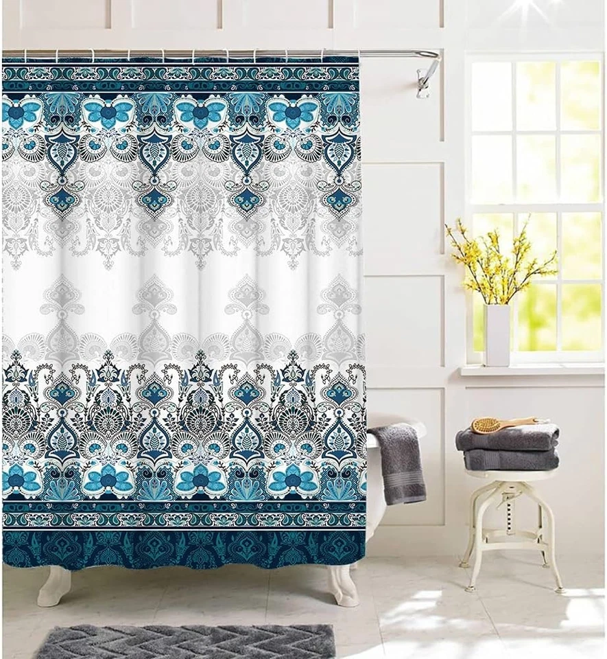 Cortina de Ducha Boho Azul - Damasco Tribal 72"W x 72"L (Pack de 1), Foto 2 de 4