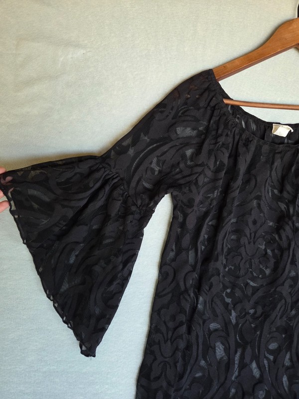 Black Sheer Mesh Burnout Print Bell Sleeve Witchy Whimsigoth Top XL