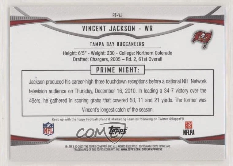 2013 Topps Prime Primetimers Vincent Jackson #PT-VJ - Image 2 of 2