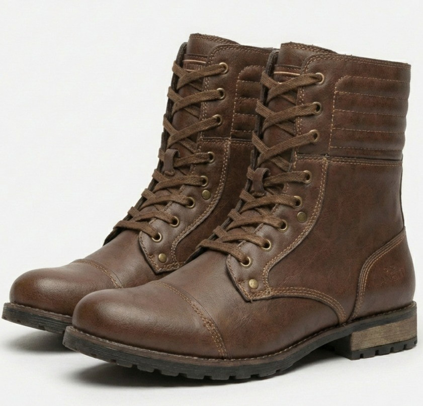 Botas de combate para hombre con cordones de cuero al tobillo marrón acolchado botas al tobillo altas