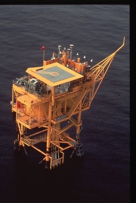 SL28 Slide 1980s Offshore Oil Rig Platform Aerial View Ocean 555a