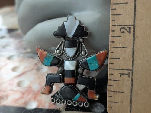 Large Vintage Zuni Art Handmade Sterling Multi Gem Inlay Knifewing Brooch Pin - Picture 3 of 23