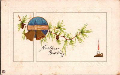Postcard New Year Greeting Pine Boughs Bells Candle Divided Back Unposted