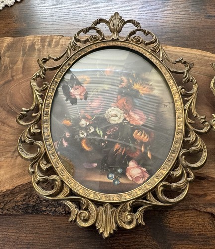 Ornate oval picture frame metal convex Italy floral artwork moody dark set 2 - Picture 3 of 12