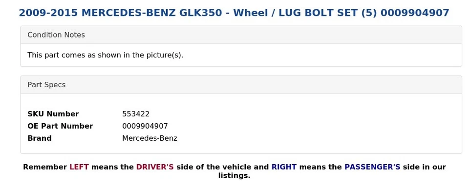 2009-2015 MERCEDES-BENZ GLK350 - 车轮/行李螺栓套装 (5) 0009904907 — 第 3/3 张图片