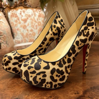 Beige/Black Suede Leopard Platform Closed Toe Stiletto Heels Red Sole UK 6 - Image 1 of 4