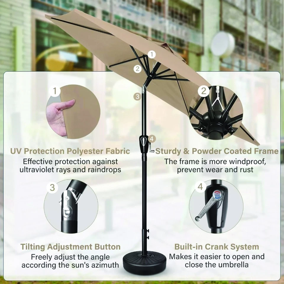 Paquete de 2 paraguas de 7,5 pies al aire libre con botón pulsador inclinable/manivela para jardín piscina bronceado Foto 3 de 4