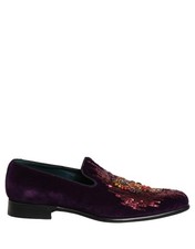 Dolce & Gabbana Violet Velvet Rhinestone Sequin Loafers Men's Shoes