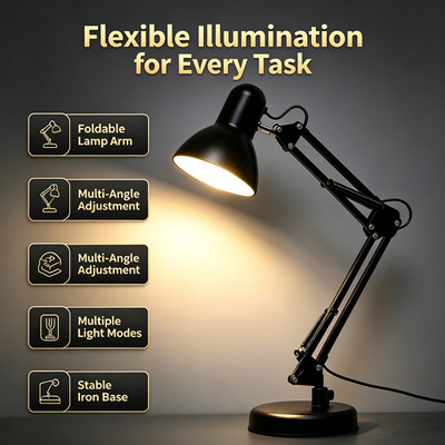 Metal Desk Lamp Adjustable Swing Arm Black Gooseneck Multi-Joint Clip Table Lamp