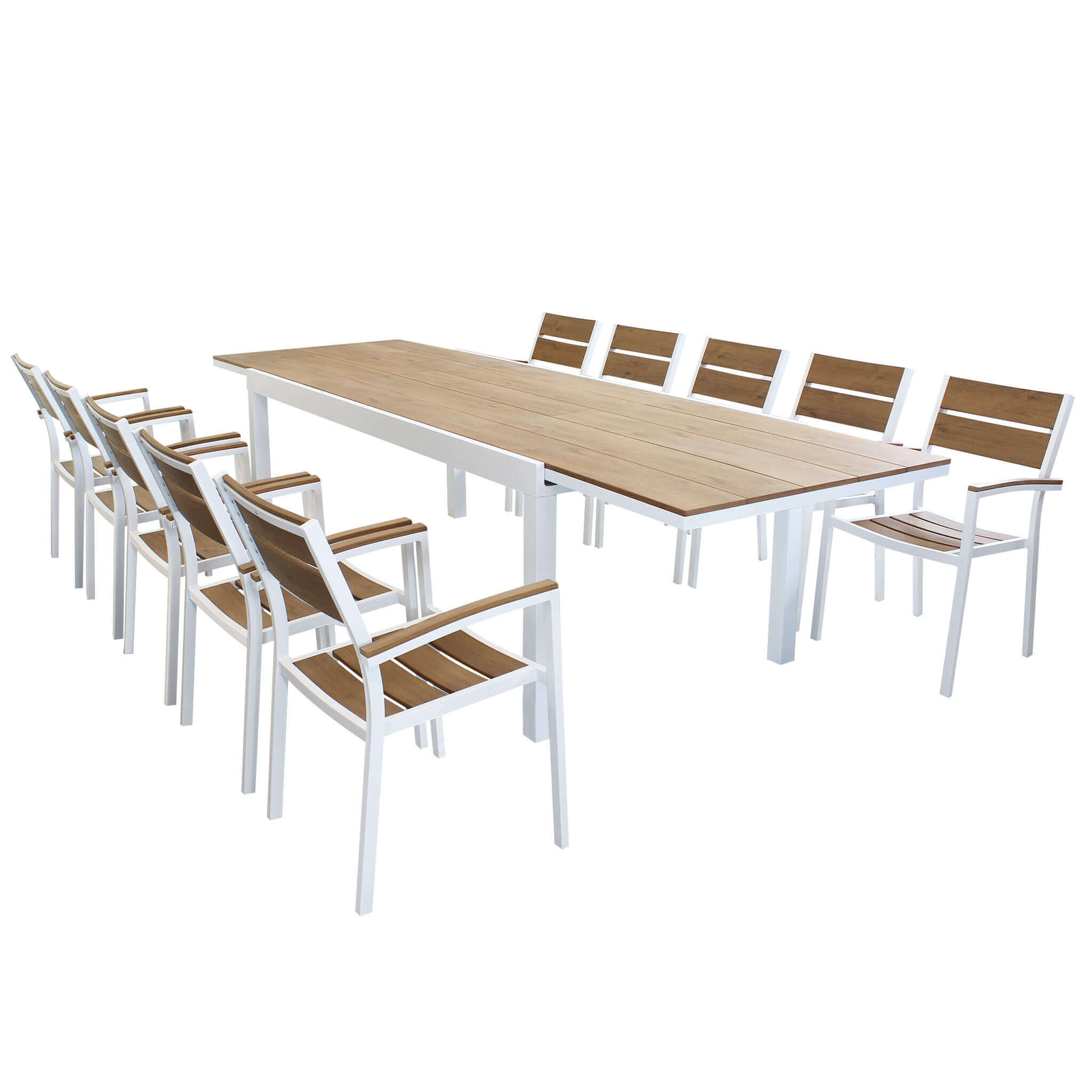 VIDUUS - set tavolo in alluminio e teak cm 200/300 x 95 x 74 h con 10 poltrone