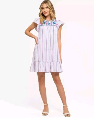 August Sky Womens Floral Embroidered Striped Mini Dress Pink Med, New In PolyBag