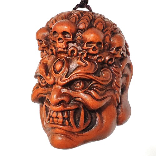 GY004 - 5x3,5x3,5 CM Netsuke Intaglio Legno Bosso: Collana Maschera Diavolo Gotica Fudo - Foto 3 di 6