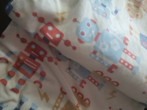 S. L. Home Fashions Baby Blanket Robots blue trim white Sherpa silky trim crib - Picture 2 of 6