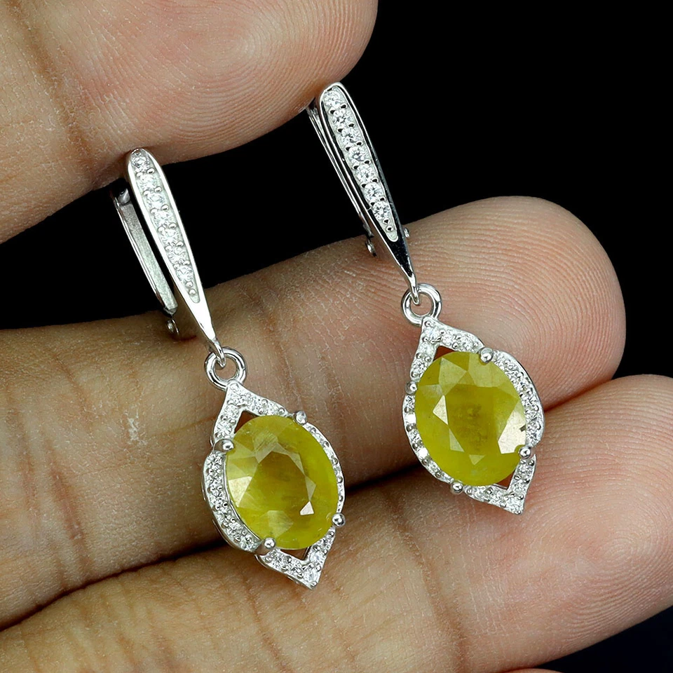 925 Sterling Silver Earrings Oval Yellow Sapphire 9x7mm Natural Gemstone Jewelry - Image 2 of 4