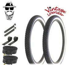 L.R. TIRES 24 x 2.125 BLACK/WHITE BLUE LINE HF-133 W/ TUBES, RIM STRIPS, & LEVER