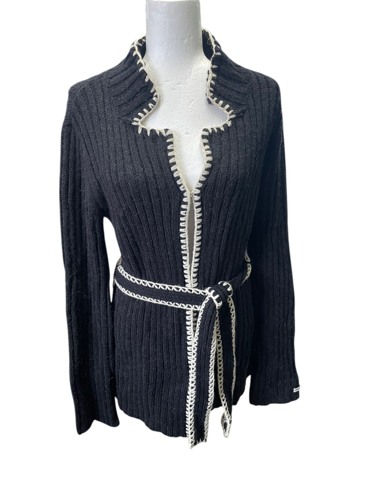 90’s Y2K DKNY Black Chunky Knit Wool Alpaca Blend Belted Cardigan Size Large