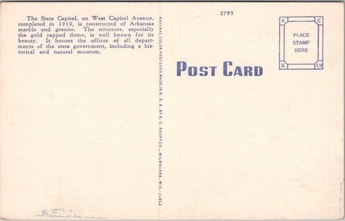 Postal Kropp de Colección Años 1940 de Little Rock, Arkansas "CAPITAL DEL ESTADO"" Lino Sin Usar - Imagen 2 de 2