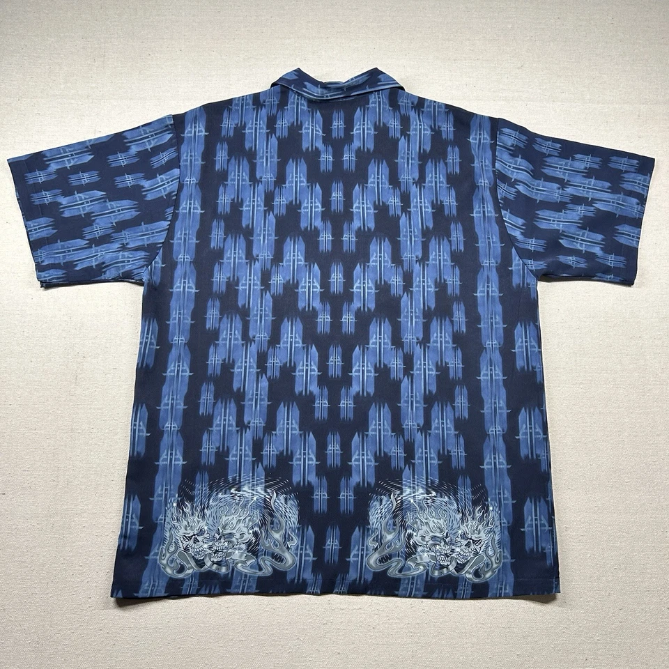 Vintage ODO Shirt Mens XL Camp Polyester Button Up Skulls Flames Y2K 90s Rave - Image 2 of 4
