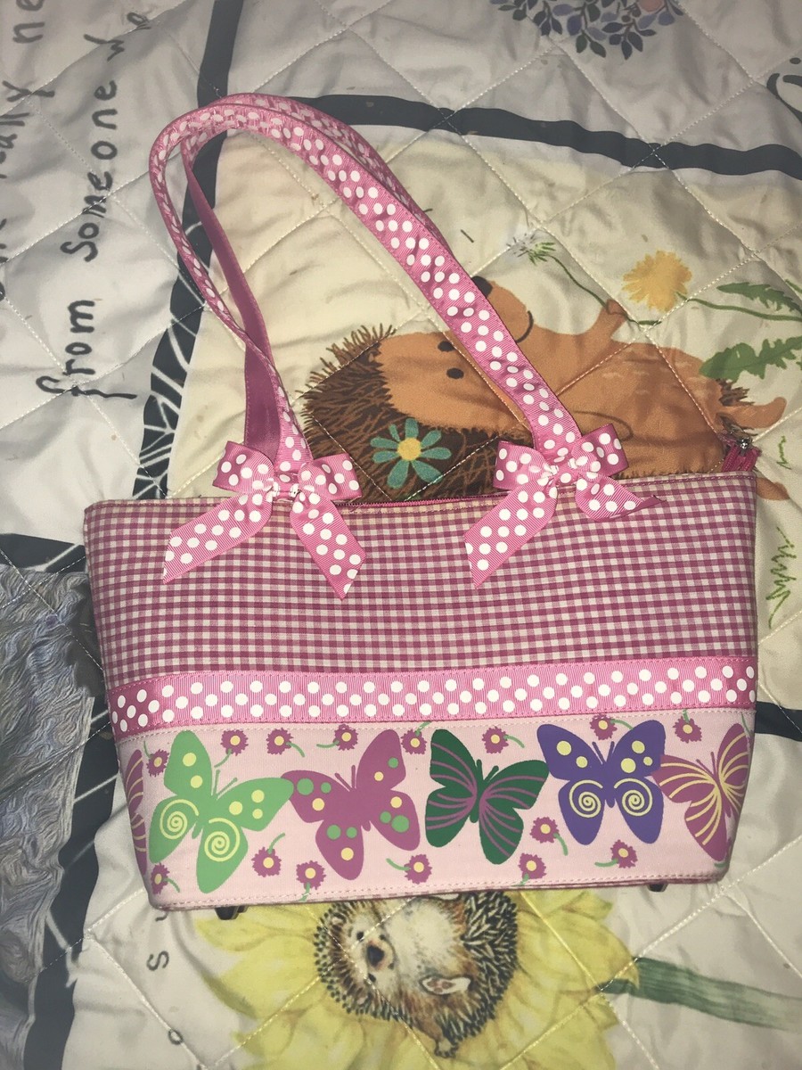 Cotton Purse Tote Bag Gingham Pink White Butterfly Summer