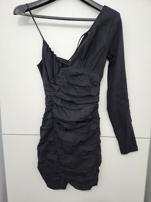 Zara Dress Womens S Mini Bodycon Asymmetrical Shoulder Ruched Linen Blend New