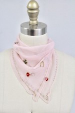 VTG 1940s Hanky Handkerchief Shamrocks Ladybugs Sheer Pink Silk Chiffon Hankie