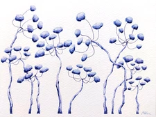 Small Original Watercolor of Surreal Blue Fantasy Flowers, Dreamy - Silent Bloom