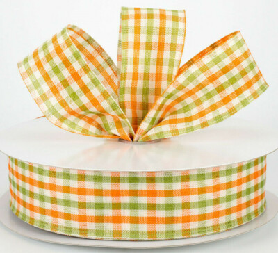 1.5'' gingham check wired ribbon orange moss green ivory light canvas 5 yards 